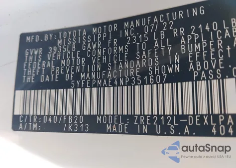 2022 Toyota Corolla Le из США, поврежденный, VIN 5YFEPMAE4NP351607